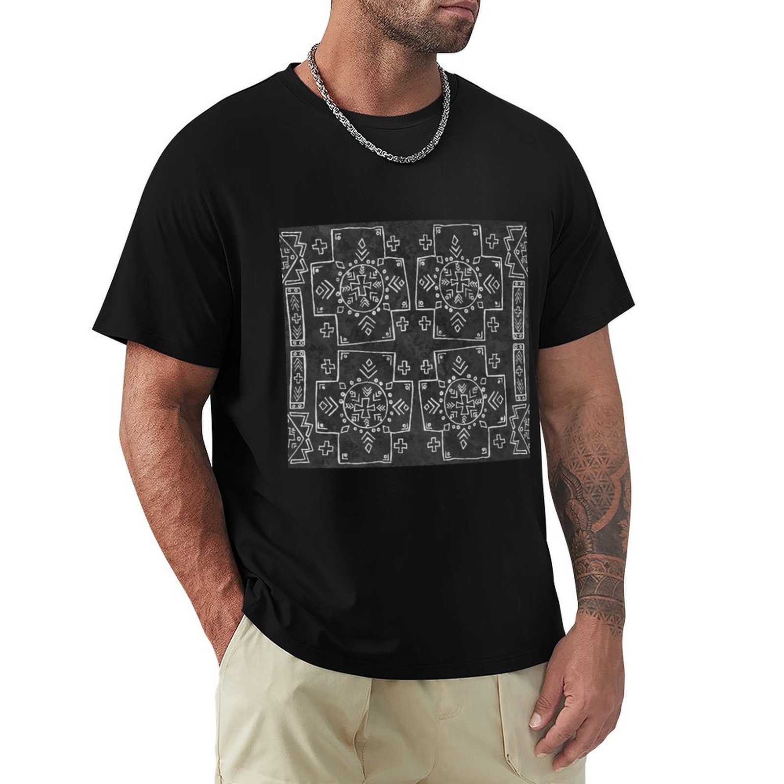 Mudcloth Print Top - T-shirt nera da lavoro a maniche