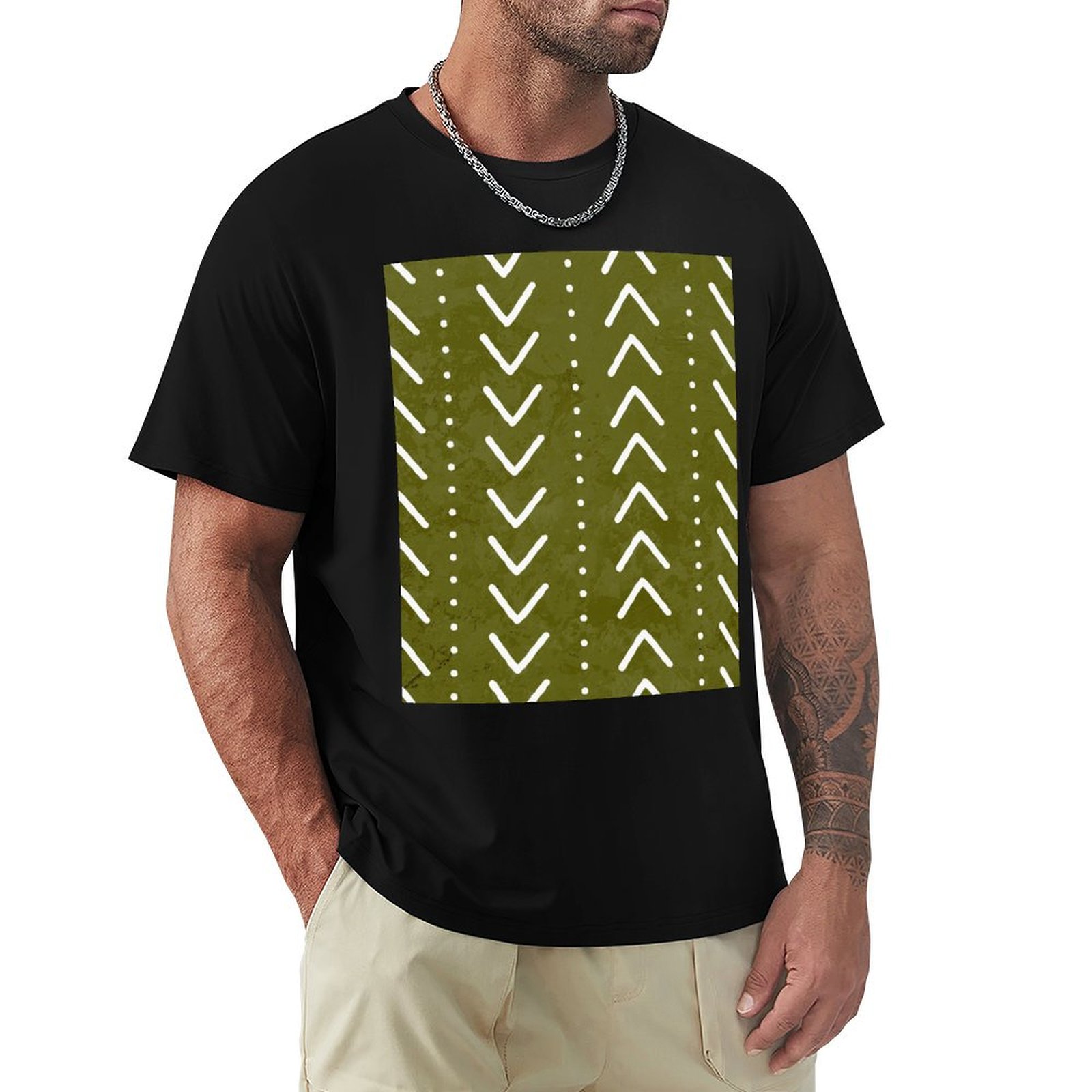 Mudcloth Print Top - T-shirt verde oliva con motivo a