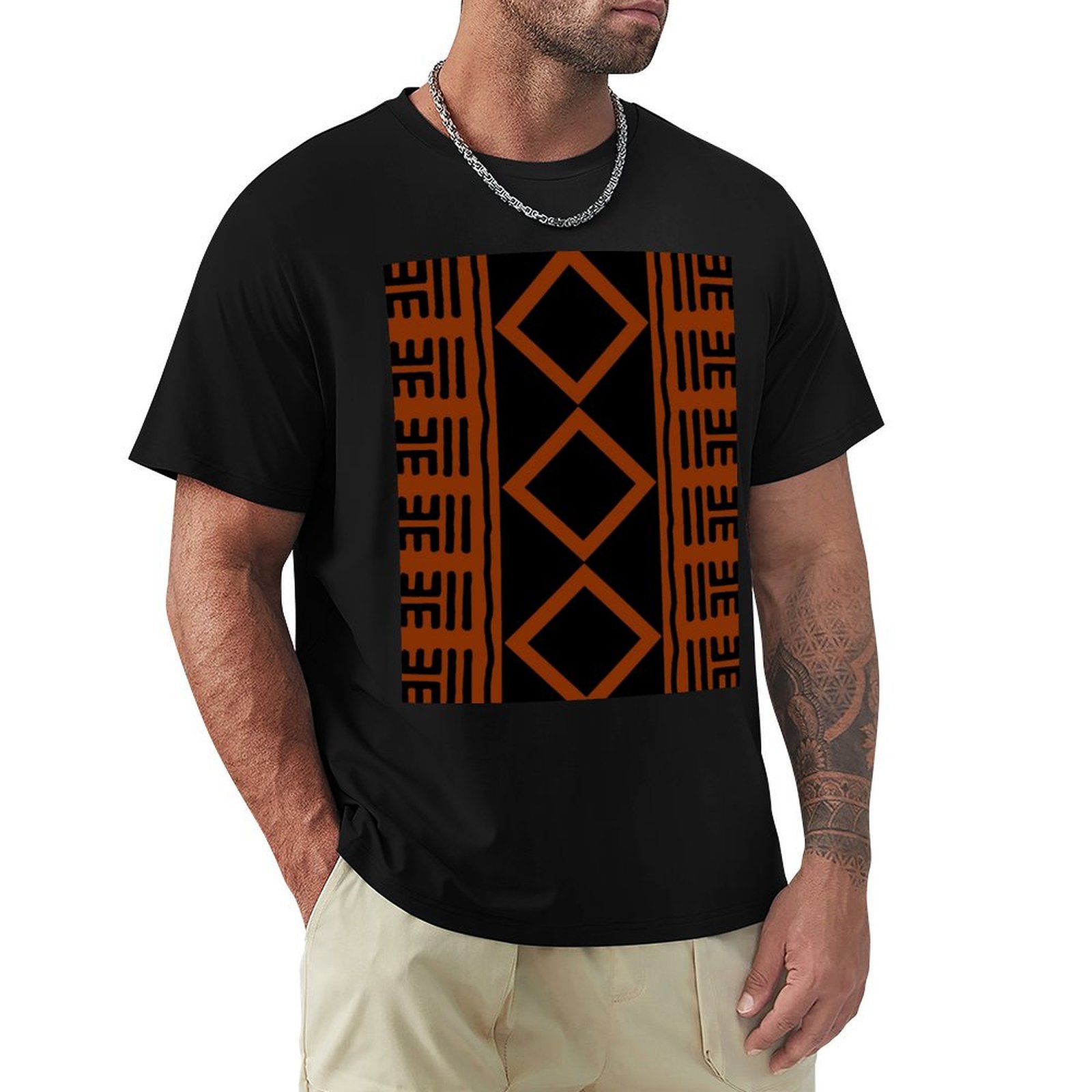 Mudcloth Print Top - T-shirt in tessuto africano color ruggine,